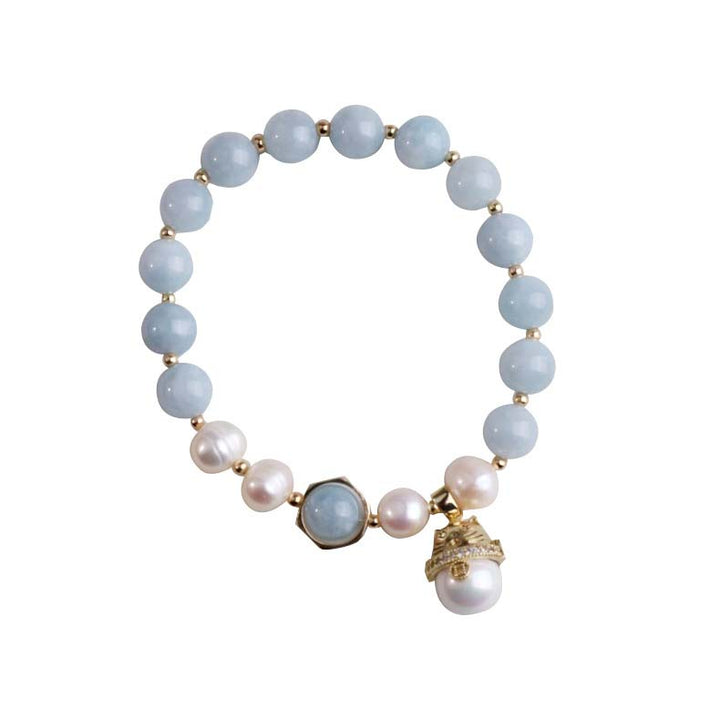Buddha Stones Aquamarine Pearl Peace Healing Lucky Cat Charm Bracelet - image 7