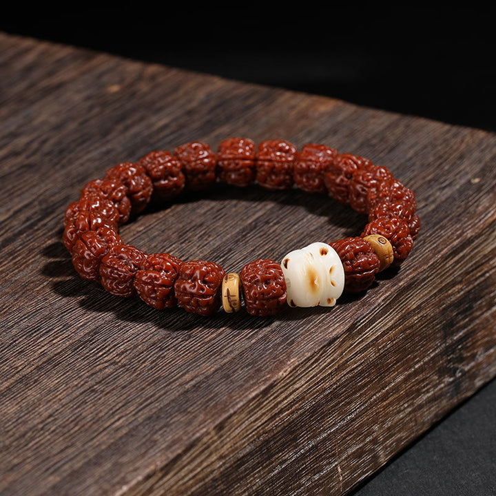 Buddha Stones Tibet Rudraksha Bodhi Seed Dzi Bead Lucky Cat Dancing Lion Wealth Bracelet Wrist Mala