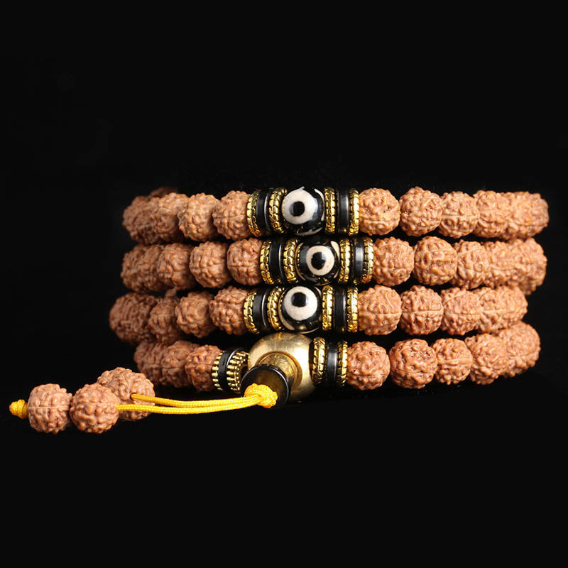 Buddha Stones 108 Mala Beads Rudraksha Bodhi Seed Dzi Bead Luck Wealth Bracelet