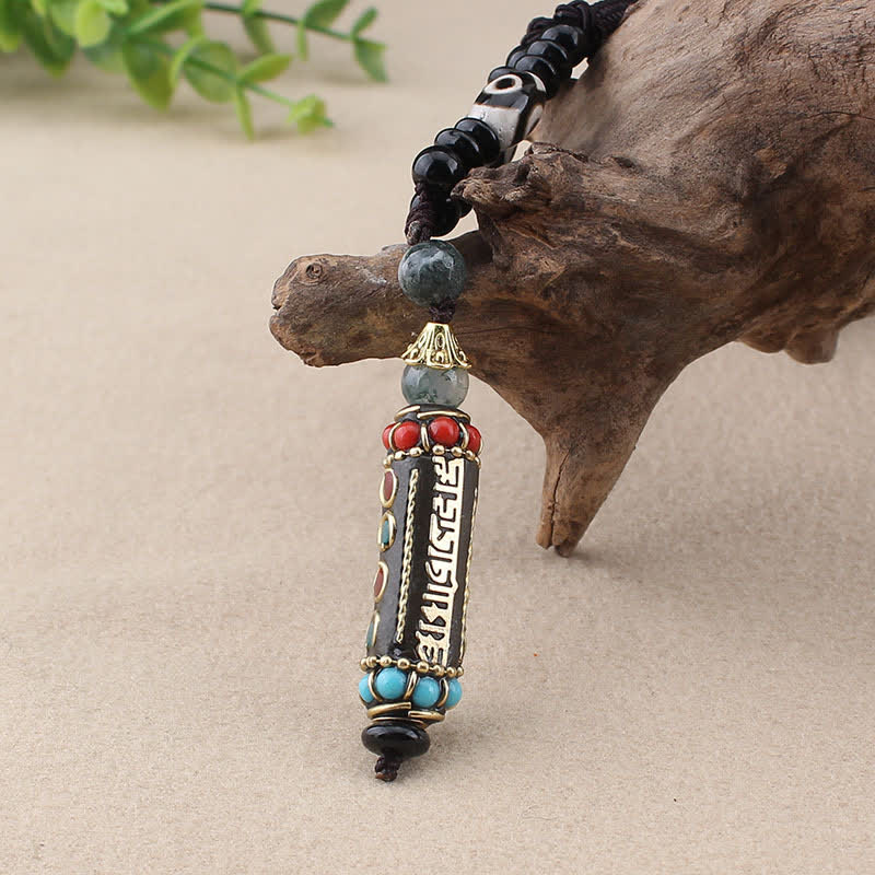 Buddha Stones Tibetan Om Mani Padme Hum Dzi Bead Wenge Wood Necklace Pendant - image 9