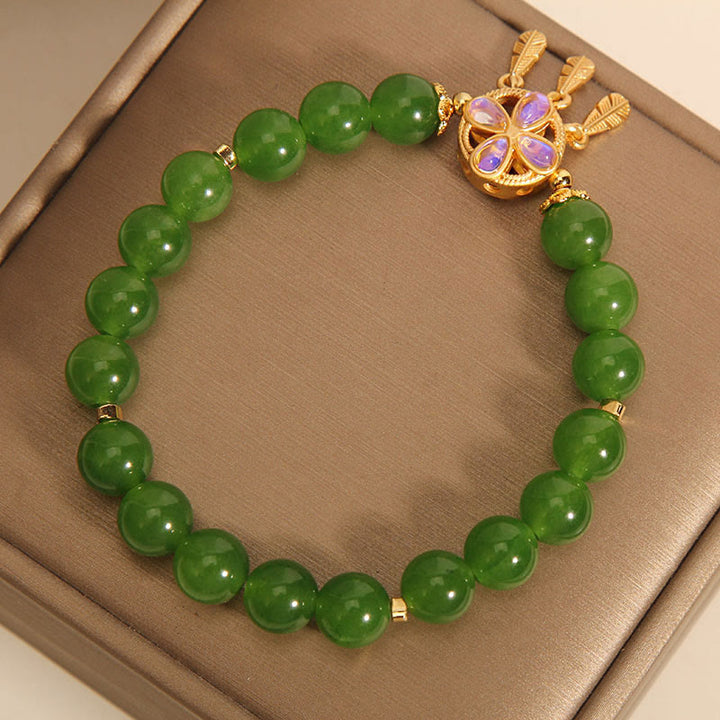 Buddha Stones Green Jade Dreamcatcher Four Leaf Clover Luck Bracelet