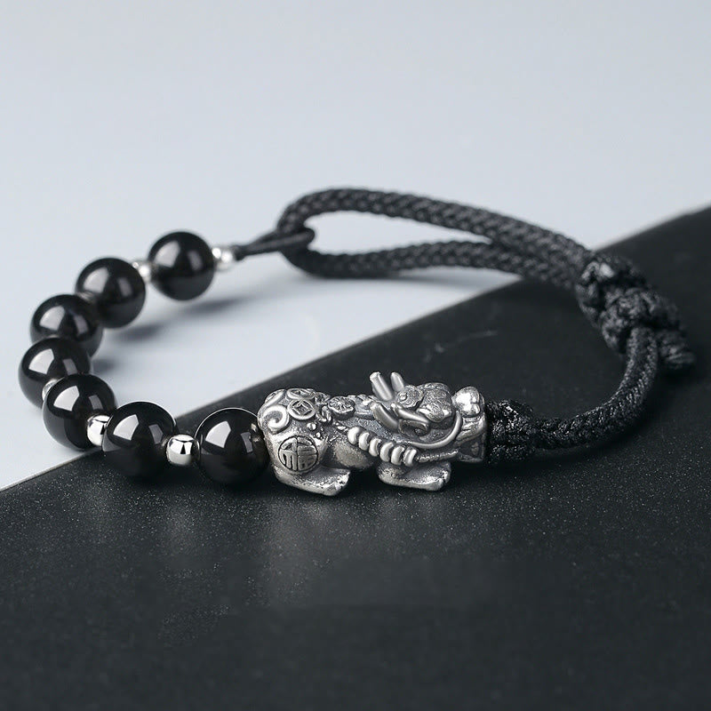 Buddha Stones 999 Sterling Silver FengShui PiXiu Natural Black Obsidian 925 Sterling Silver Bead Strength Bracelet - PiXiu&Black Obsidian - image 0