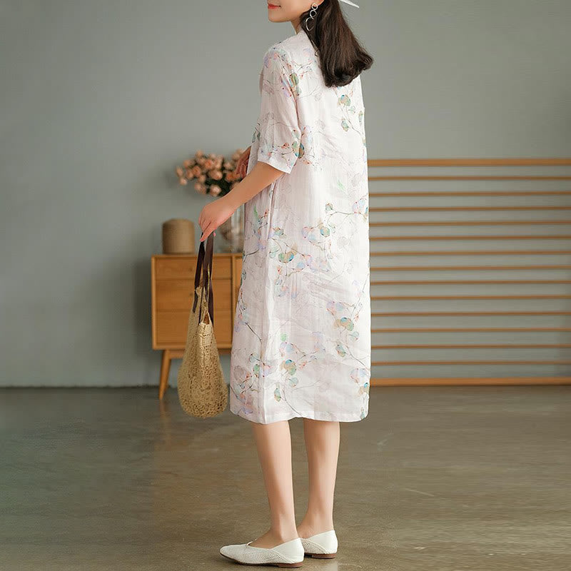 Buddha Stones Frog-button Leaves Branches Midi Dress Cotton Linen Short Sleeve Dress With Pockets