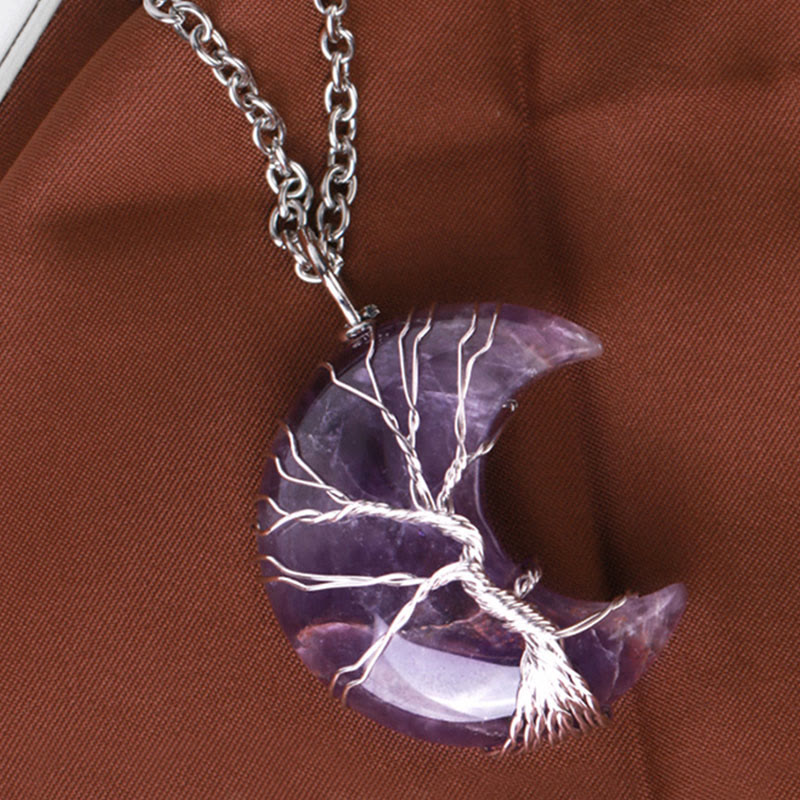 Buddha Stones Natural Quartz Crystal Moon Tree Of Life Healing Energy Necklace Pendant - image 2