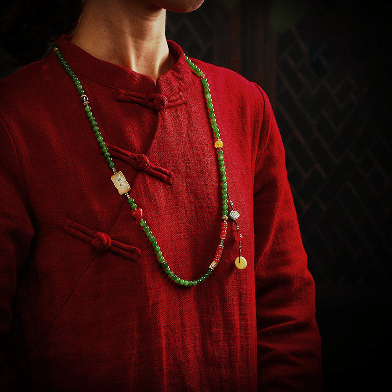 108 Mala Beads Cyan Jade Red Agate Laughing Buddha Luck Bracelet - image 5