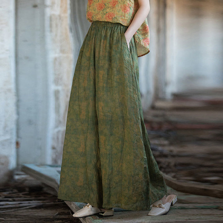 Buddha Stones Green Yellow Ramie Linen Flexible Waistband Wide Leg Pants With Pockets