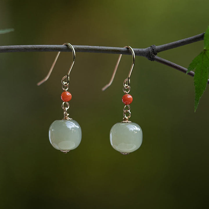 Buddha Stones 925 Sterling Silver Plated 14k Gold Hetian Jade Red Agate Luck Drop Dangle Earrings - 14K Plated Gold - Light Green Jade - image 0
