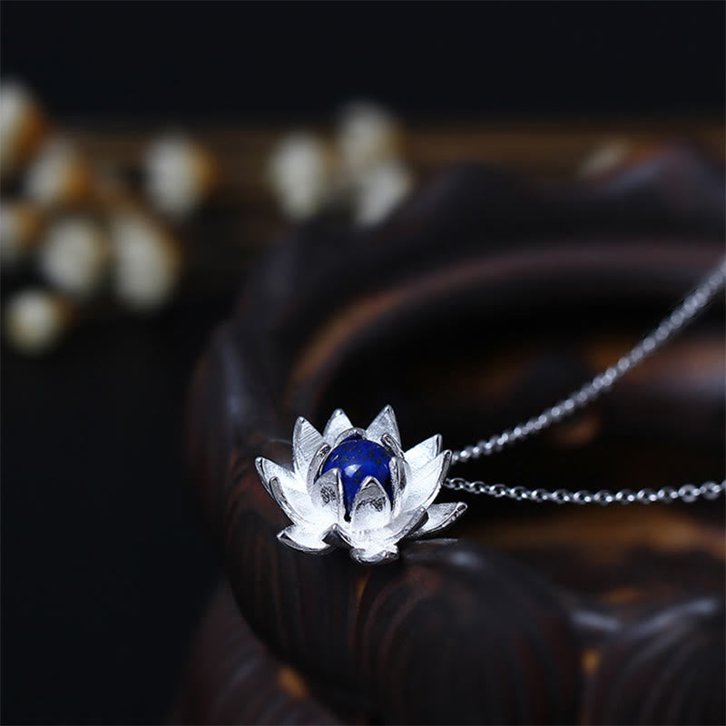 Buddha Stones 925 Sterling Silver Lazurite Lotus Flower Self Care Necklace Pendant - 925 Sterling Silver&Lazurite - image 0