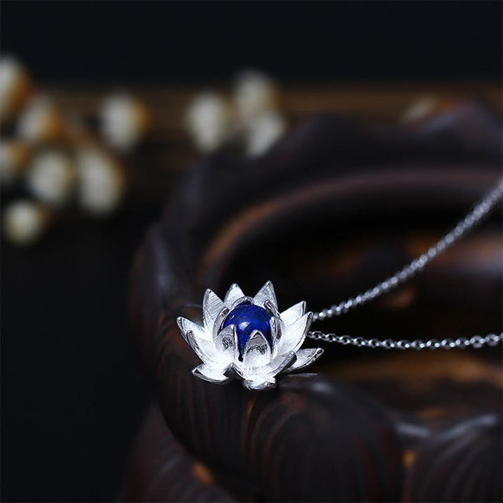 Buddha Stones 925 Sterling Silver Lazurite Lotus Flower Self Care Necklace Pendant - 925 Sterling Silver&Lazurite - image 1