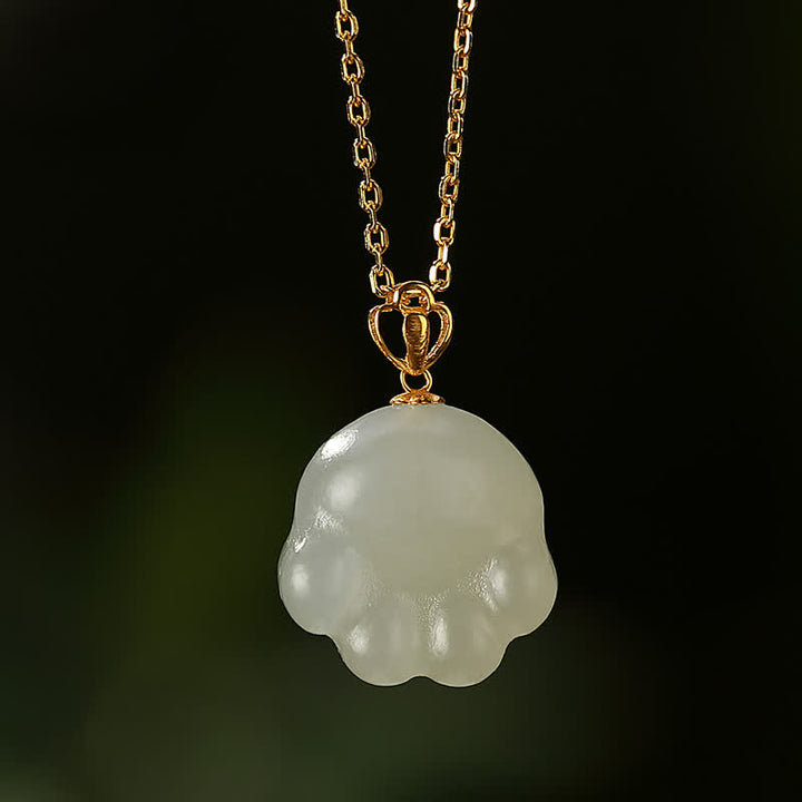 925 Sterling Silver Hetian White Jade Cute Cat Paw Luck Necklace Pendant - image 2