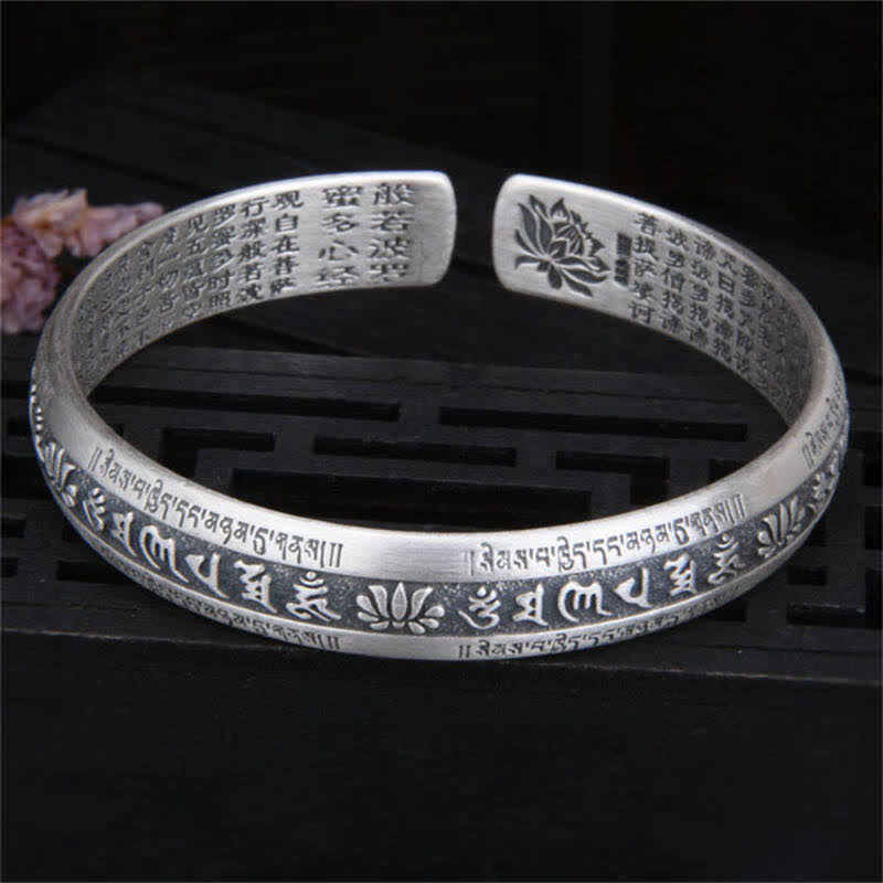 999 Sterling Silver Om Mani Padme Hum Heart Sutra Lotus Peace Bracelet Bangle - image 2