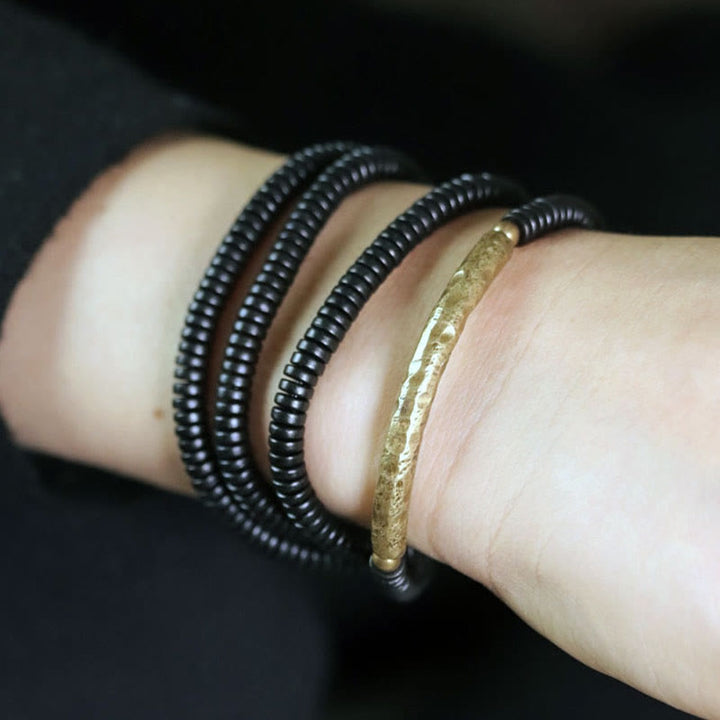 Buddha Stones Ebony Wood Brass Copper Balance Multilayered Bracelet - image 13