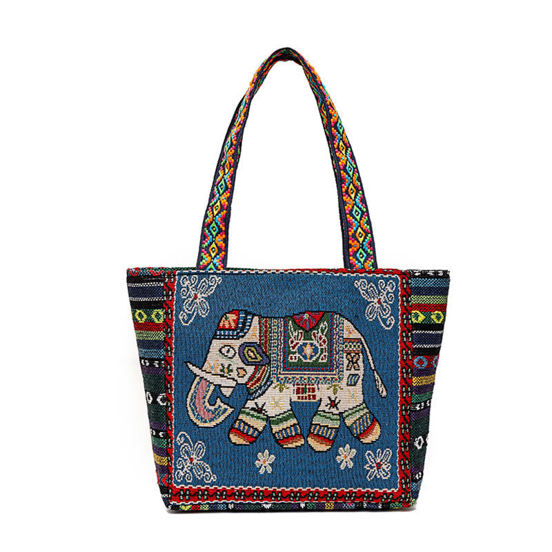 Elephant Butterfly Embroidered Large Capacity Canvas Tote Bag Shoulder Bag - Blue Elephant - image 18