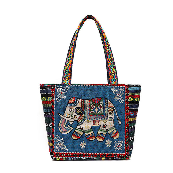 Elephant Butterfly Embroidered Large Capacity Canvas Tote Bag Shoulder Bag - Blue Elephant - image 18