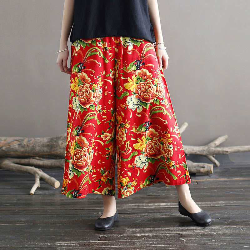 Buddha Stones Red Peony Flowers Cotton Linen Wide Leg Pants With Pockets