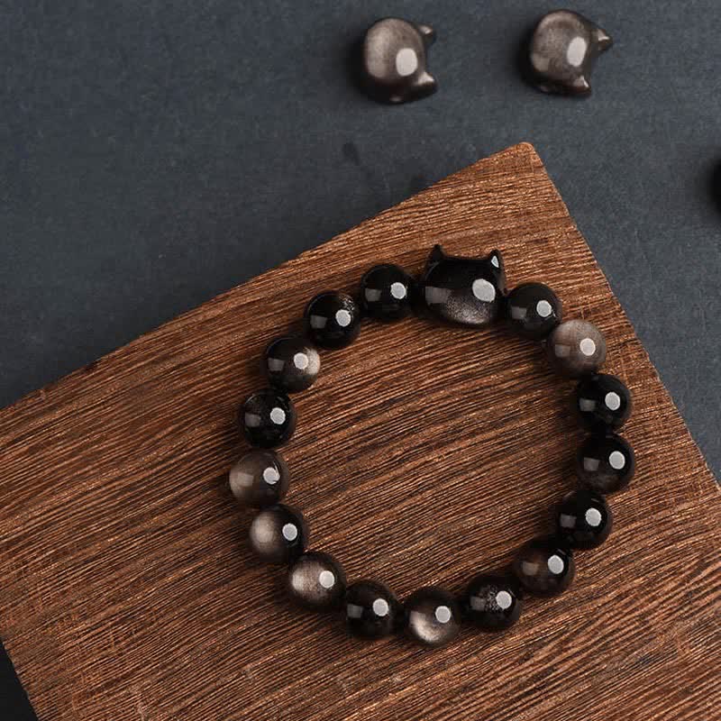 Buddha Stones Gold Sheen Obsidian Silver Sheen Obsidian Lovely Paw Lucky Cat Protection Bracelet - image 28