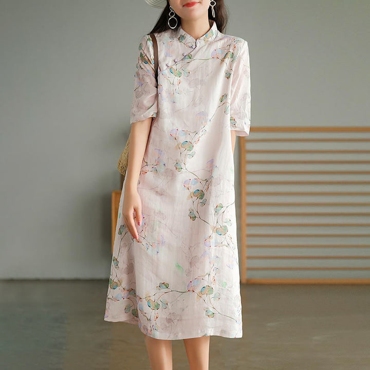 Buddha Stones Frog-button Leaves Branches Midi Dress Cotton Linen Short Sleeve Dress With Pockets