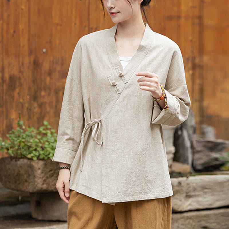 Buddha Stones Frog-Button Hanfu Design Shirt Top Ramie Linen Jacket