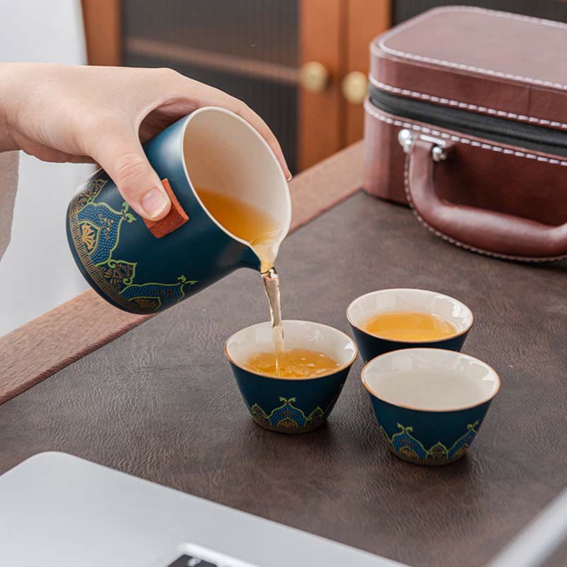 Flower Chinese Gongfu Ceramic Teapot Portable Outdoor Travel Tea Set Bag