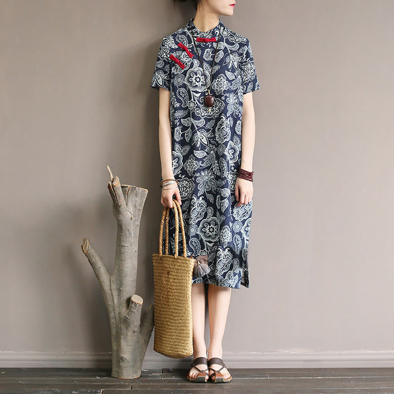 Buddha Stones Blue White Flower Frog-button Cheongsam Dresses Short Sleeve Linen Dresses With Pockets