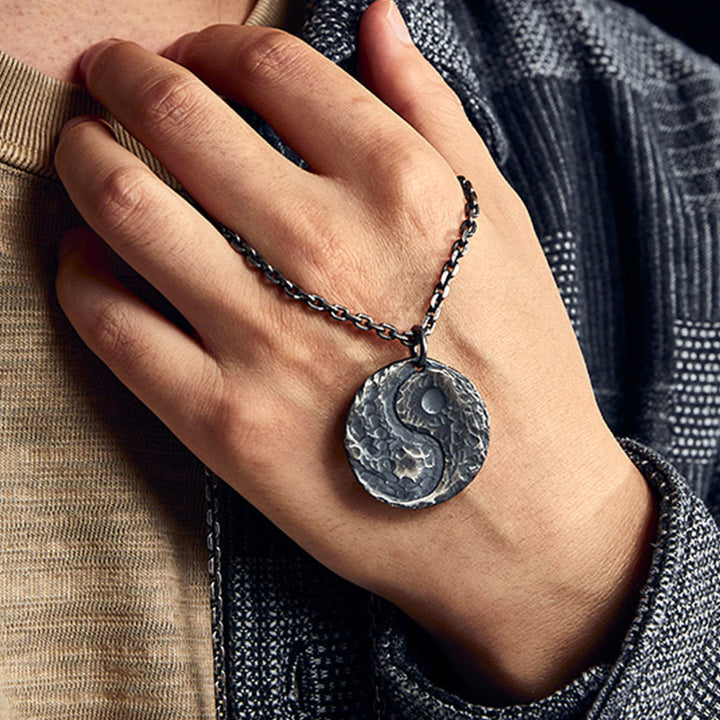 Buddha Stones 990 Sterling Silver Yin Yang Hammer Texture Harmony Necklace Pendant - image 11