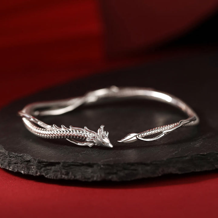 Buddha Stones 925 Sterling Silver Year of the Dragon Design Luck Metal Cuff Bracelet Bangle - Dragon(Luck♥Strength)(Adjustable) - image 1