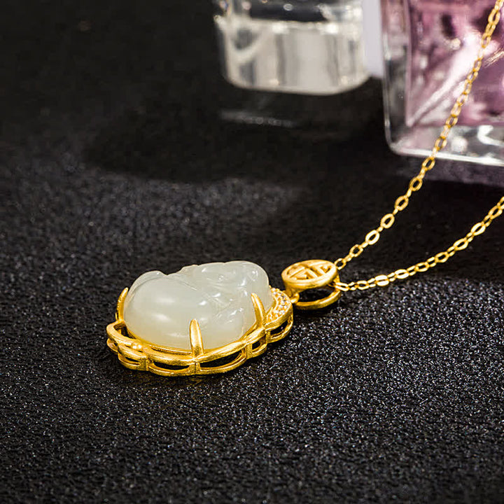 925 Sterling Silver Laughing Buddha Hetian White Jade Protection Necklace Pendant - image 4