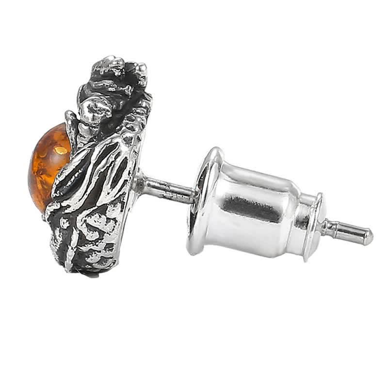 925 Sterling Silver Natural Amber Dragon Success Protection Stud Earring - image 7