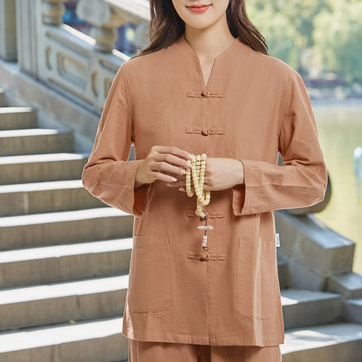 Spiritual Zen Practice Yoga Meditation Prayer Uniform Cotton Linen Clothing Women's Set - SandyBrown - US18，UK/AU22，EU50 (6XL) - image 13