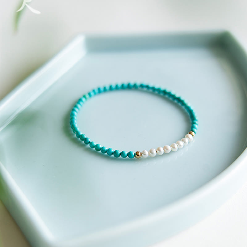 Buddha Stones 925 Sterling Silver Natural Turquoise Pearl Beaded Bracelet - image 2