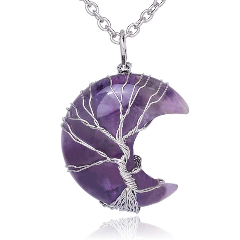 Buddha Stones Natural Quartz Crystal Moon Tree Of Life Healing Energy Necklace Pendant - Amethyst - image 1