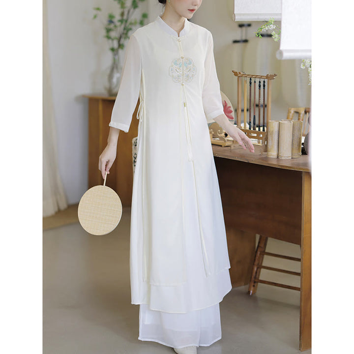 Buddha Stones Embroidery Chiffon Cheongsam Midi Dress Wide Leg Pants Meditation Zen Practice Clothing