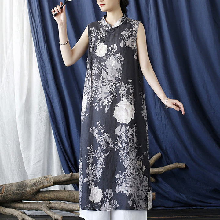 Buddha Stones Ancient Ramie Linen Flowers Printing Cheongsam Dresses Sleeveless Dress