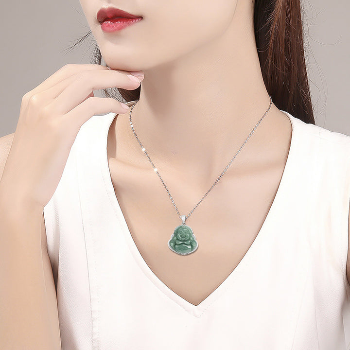Buddha Stones 925 Sterling Silver Laughing Buddha Jade Abundance Necklace Chain Pendant - image 3