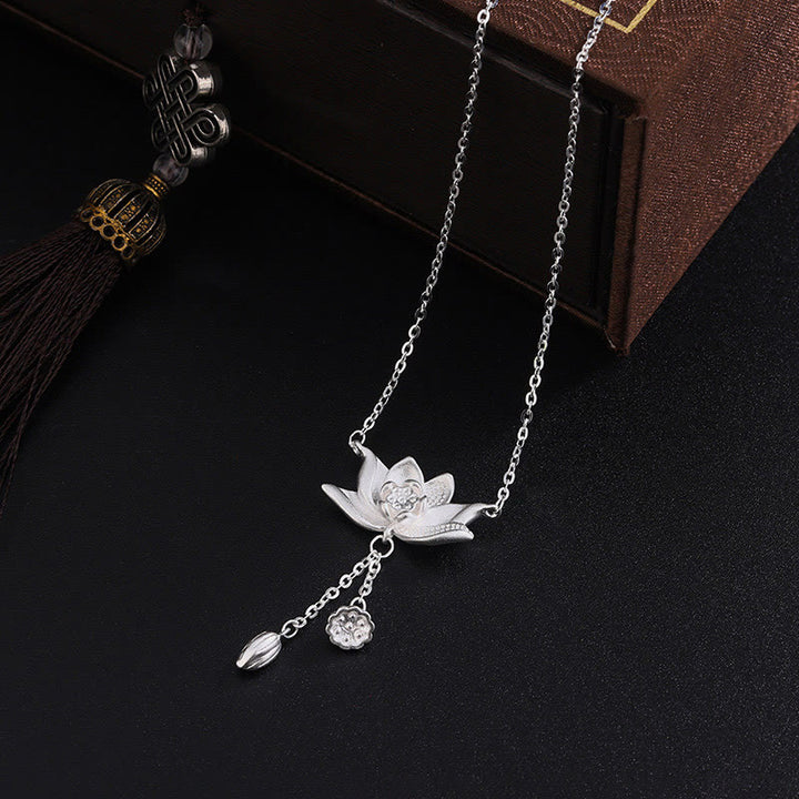 Buddha Stones 999 Sterling Silver Lotus Flower Pod Carved Enlightenment Necklace Pendant - image 1