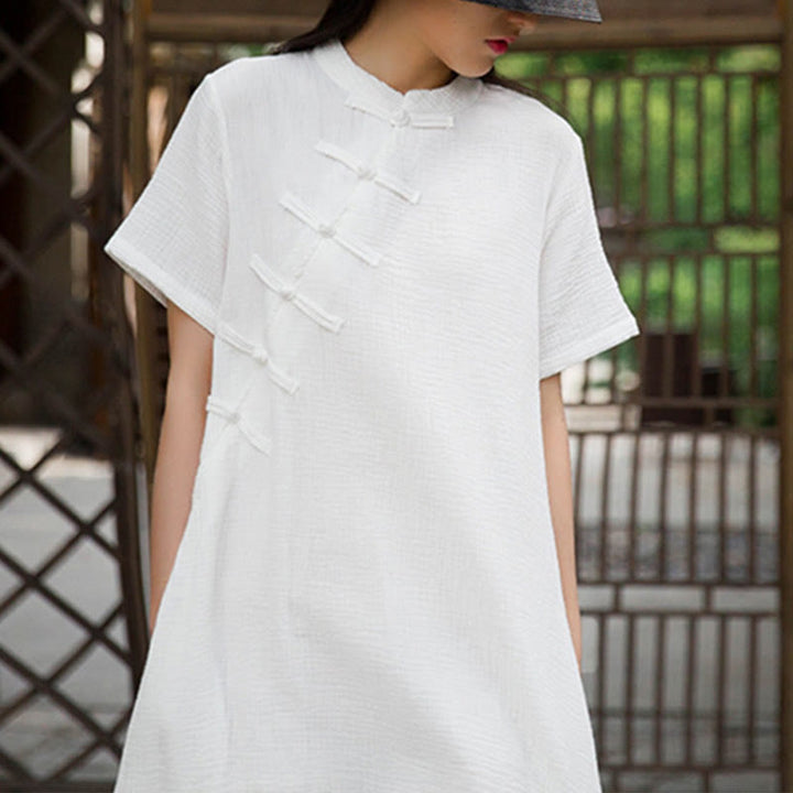 Buddha Stones Frog-Button Midi Dress Cotton Linen Short Sleeve Dress With Pockets