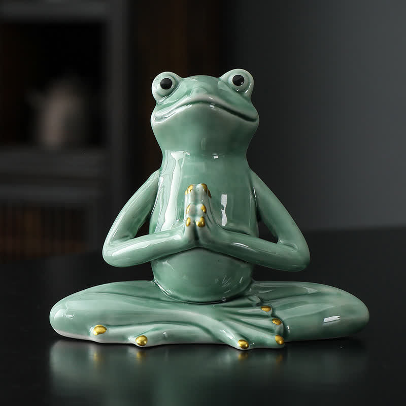 Meditating Ceramic Zen Frog Statue Decoration - Praying Frog - Green - image 1