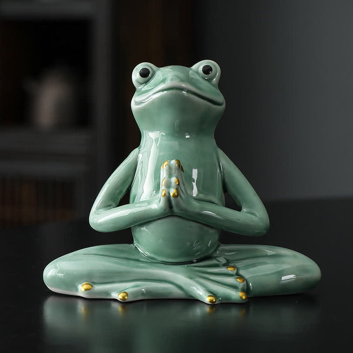 Meditating Ceramic Zen Frog Statue Decoration - Praying Frog - Green - image 1