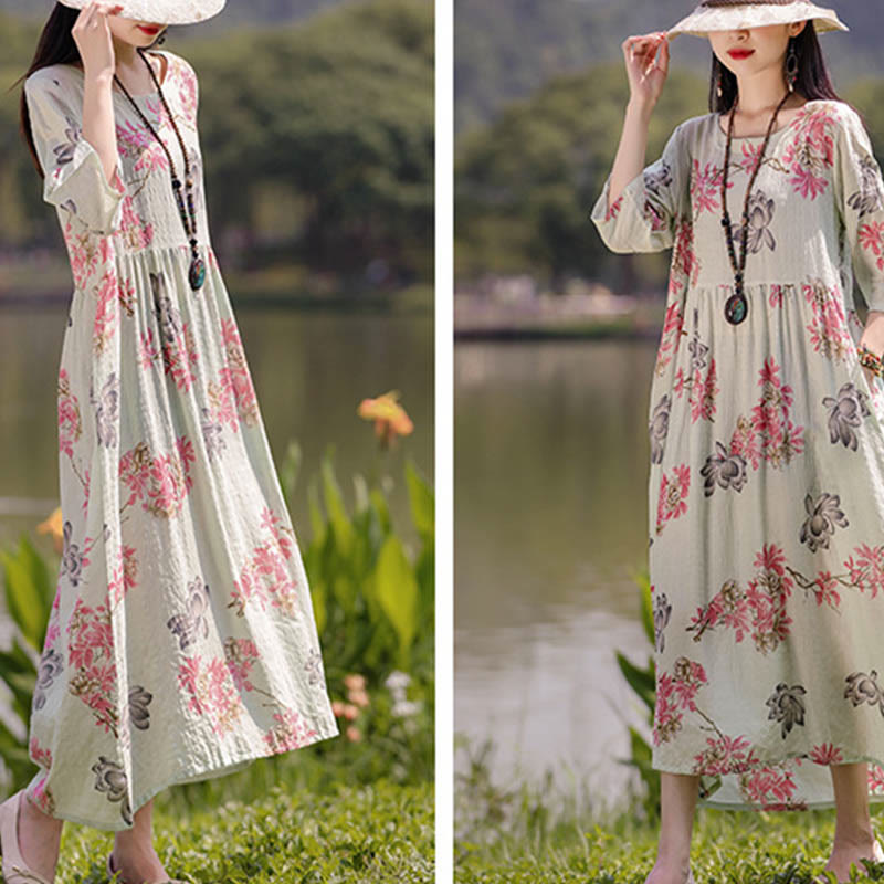 Buddha Stones Flowers Print Midi Dress Cotton Linen Tunic Dress With Pockets