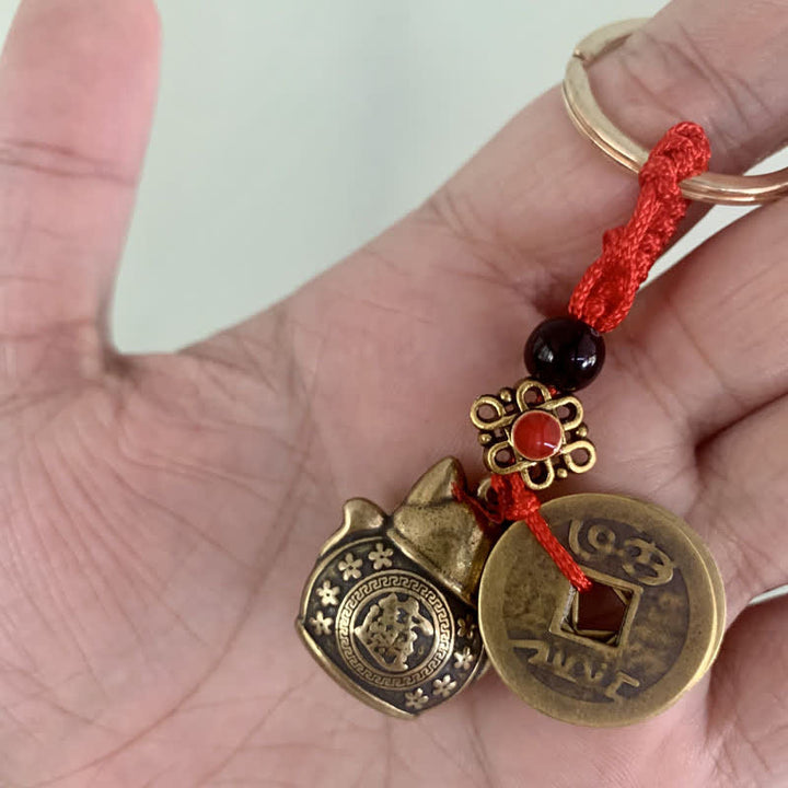 Buddha Stones Feng Shui Five Emperor Coins Lucky Cat Money Wealth Keychain - image 4