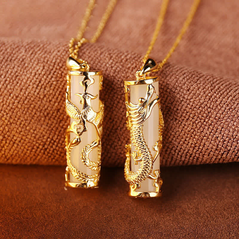 Buddha Stones Jade Dragon Phoenix Copper Blessing Harmony Necklace Pendant - image 9
