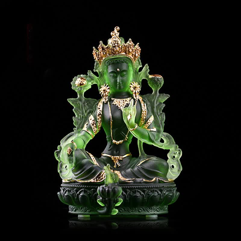 Bodhisattva Green Tara Handmade Liuli Crystal Art Piece Protection Home Office Statue Decoration - 8*6*12.8cm - Gold Green Tara - image 4