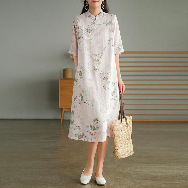 Buddha Stones Frog-button Leaves Branches Midi Dress Cotton Linen Short Sleeve Dress With Pockets