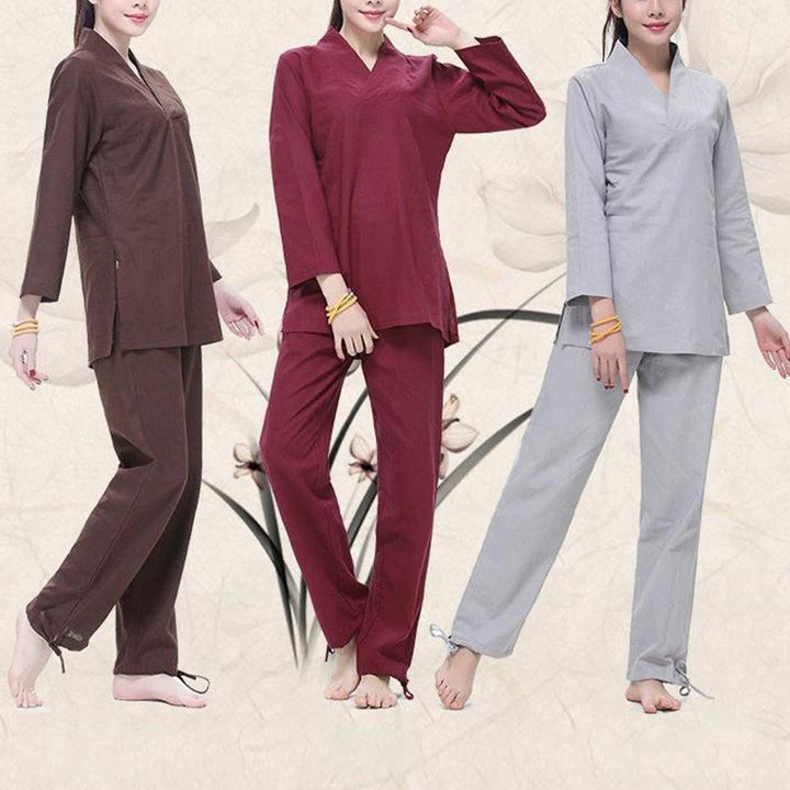 Buddha Stones Zen Practice Yoga Meditation Prayer V-neck Design Uniform Cotton Linen Clothing Women's Set