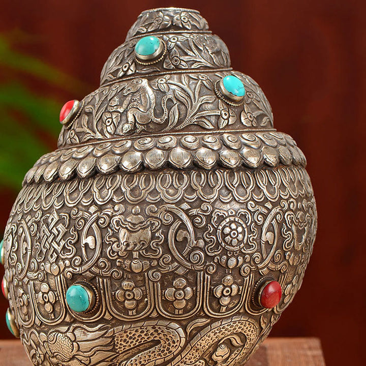 Tibetan Handmade Natural Shankha Engraved Eight Auspicious Symbols Conch Shell Lucky Home Decoration