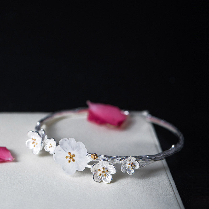 925 Sterling Silver Plum Flower Blessing Bracelet Adjustable Bangle - image 4