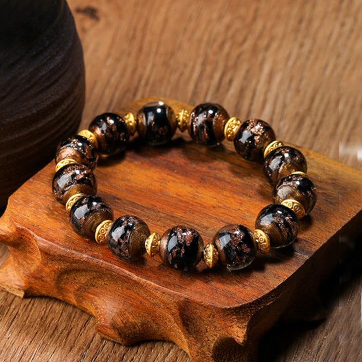 Buddha Stones Gold Swallowing Beast Family Charm Liuli Glass Bead Fortune Bracelet - Black - Simple Version - 12mm - image 10