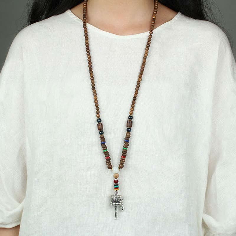 Buddha Stones Tibetan Om Mani Padme Hum Prayer Wheel Rotation Vajra Wood Necklace Pendant - image 16