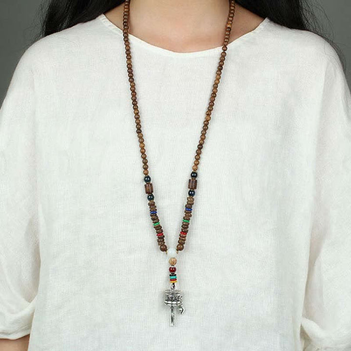 Buddha Stones Tibetan Om Mani Padme Hum Prayer Wheel Rotation Vajra Wood Necklace Pendant - image 16