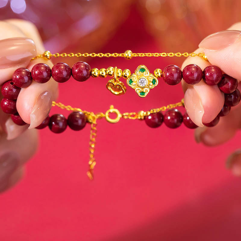 Buddha Stones 925 Sterling Silver Natural Cinnabar Four Leaf Clover Flower Blessing Chain Bracelet